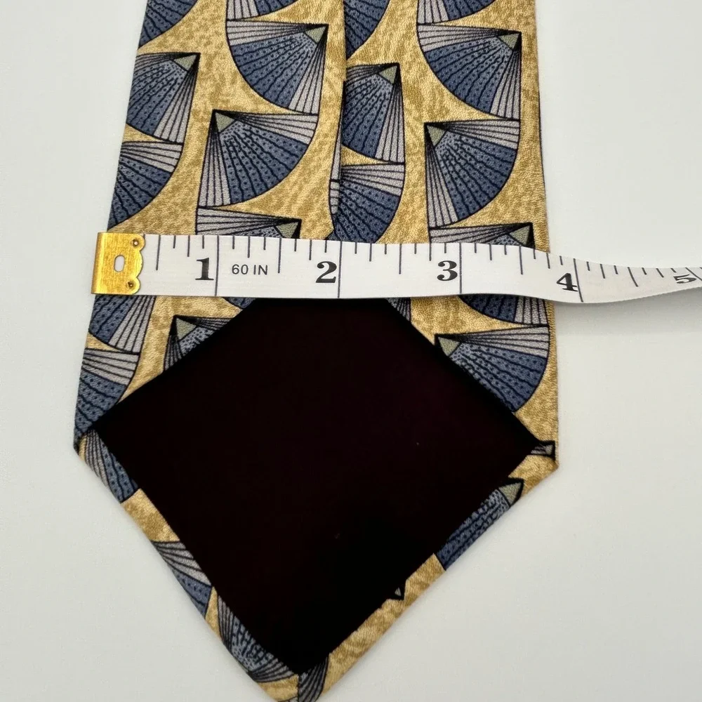 Courreges Homme Necktie Mens OS Tan Blue Silk Geometric Art Deco 90s Vintage